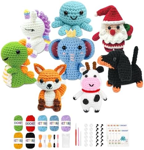 8Pcs Crochet Kit for Beginners, 2026 Great Christmas Gift for Crochet Lovers, DIY Craft for Adults and Kids, Crocheting Animal Kits with Step by Step Videos, Yarn, Crochet Hook, Birthday Holiday Gift