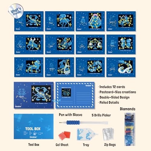 Grabie Mini Diamond Painting Cards Kit, 12 Pack Square Drill, Zodiac Glow