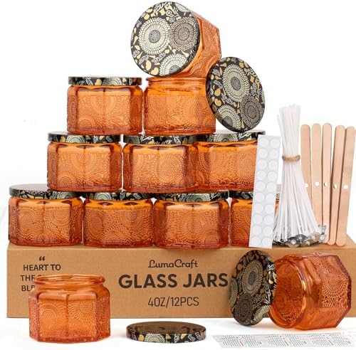 12 Pack 4oz Glass Candle Jars with Lids, Hexagon Embossed Candle Making Containers, Empty Candle Jars with 20 Wicks & Labels for DIY Candle Making, Party Favors, Home Decor
