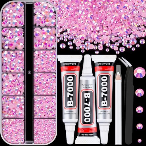 Resin Rhinestones for Crafting with 3Pcs 10ml B7000 Jewelry Glue, 1 Box Light Pink AB Flatback Gems Crystals Diamond for Bedazzling Crafts DIY Nail Art Makeup, Gems for Clothing Tumblers Shoes