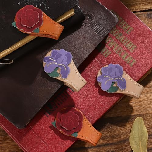 2PCS Vintage Magnetic Leather Bookmark, Leather Magnetic Bookmarks for Women,Unique Book Marks Gifts for Book Lovers, Magnetic PU Bookmarks Clip Book Accessories for Adults & Kids, Iris & Camellia
