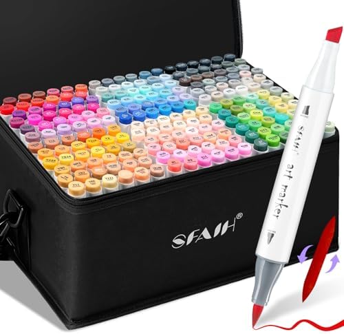 SFAIH Alcohol Markers Brush & Chisel Tip, Professional 216 Colors Set | Artist Master Series Markers for Illustration Manga Sketching Architecture, Seamless Blending, Storage Case, Reversible Brush