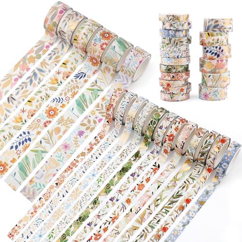 18 Rolls Gold Floral Washi Tape Set,15mm&7.5mmGold Foil Colored Floral Pattern Decorative Tape,Decorative Masking Tapes for DIY Scrapbook Design Journaling Handbook Making Card Wrap Craft Gift