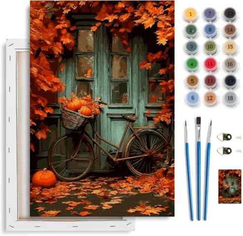Spandrel Autumn Framed Paint by Numbers Kit for Adult Bicycle, Adult Paint by Number Kits on Canvas Fall Landscape, DIY Acrylic Oil Halloween Painting by Numbers for Home Wall Decor, 8x12in
