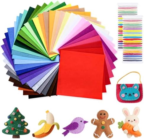 moinkerin 40Pcs Felt Sheets for Crafts with Thread 6"x6" Felt Fabric Sheets Assorted Colors 1mm Stiff Felt for Crafting DIY Handwork Sewing Patchwork (40 Colors)