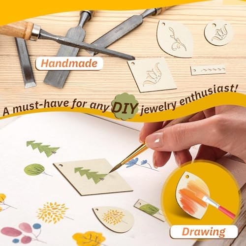 HAPY SHOP 300 Pieces Unfinished Wooden Earrings Teardrop/Circle/Leaf/Diamond/Rectangle Shapes Wood Earring Blanks 100 Pieces Earring Hooks and 100 Pieces Jump Rings