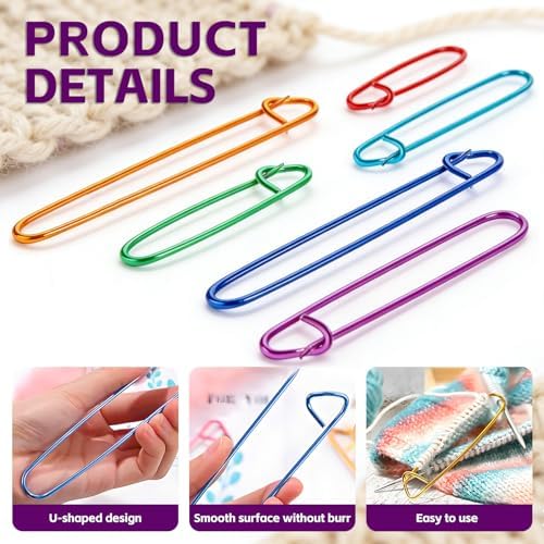 IOGOG 6 Pcs Knitting Stitch Holders, 6 Size Aluminum Stitch Holders for Knitting, Color-Coded Stitch Holder Set, Large Safety Pins for Sweaters, Scarves, Crochet & DIY Craft Projects (6 Colors)