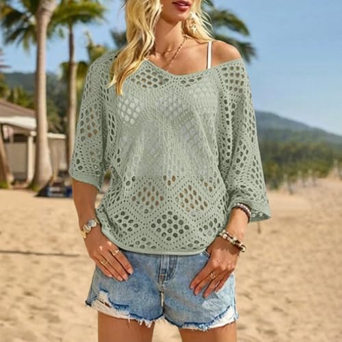 Bohemian Crochet Tops for Women 3/4 Sleeve V-Neck Open Knit Pullover Beach Cover Ups Hollow Out Boho Vacation Blouse