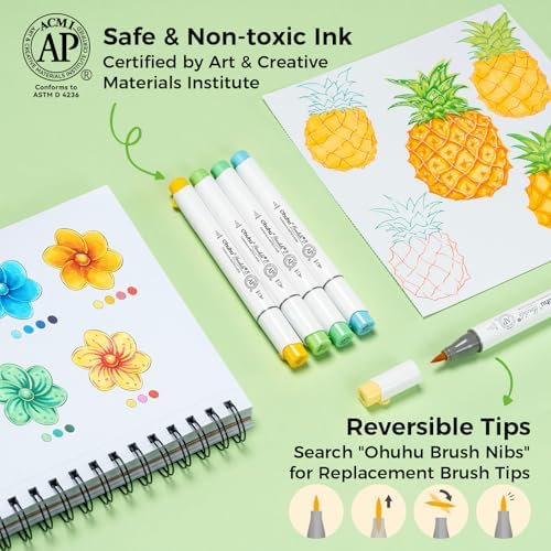 Ohuhu Alcohol Markers 168 Colors Brush& Chisel Honolulu 2 for Cozy Coloring | Brush Markers for Artists Adults Coloring Illustration, Double Tipped Brush Tip Alcohol-based AP Certified Refillable Ink