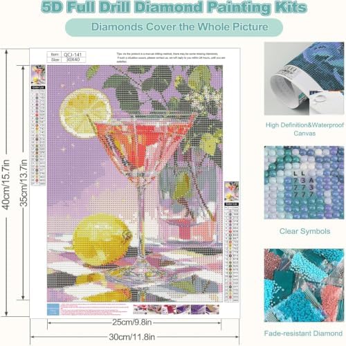 Accompany Wind Cocktail Diamond Art Kits for Adults, 5D Diamond Painting Kits for Beginners,DIY Round Full Drill Diamonds Gem Art Crafts for Home Wall Decor Gifts 12x16 Inch