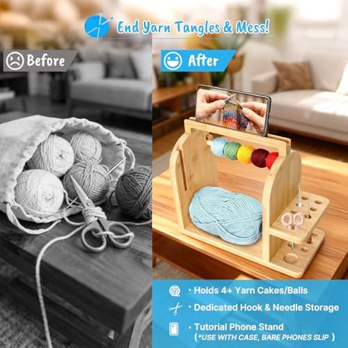 Aolamegs Yarn Holder for Crochet and Knitting, Bamboo Wooden Yarn Spinner Storage Organizer for Crocheting Accessories,with Anti-Slip Pads, Works with Skein, Cake, Ball