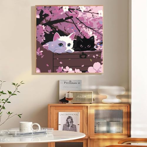 bleihum Cats Paint by Numbers Kit for Adults with Frame Wooden Easel, Cherry Blossoms Paint by Number Kits on Canvas, Small Painting by Numbers for Adult Beginners Home Decor 8X8 Inch