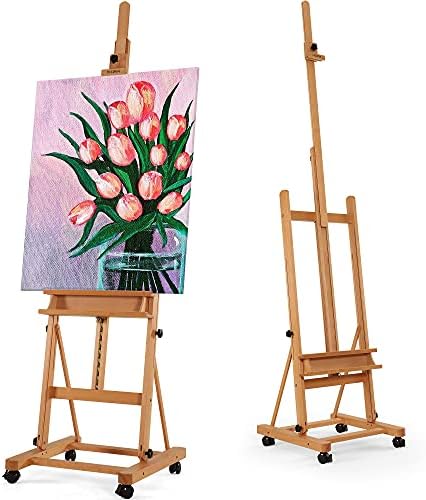 VISWIN Extended Large H-Frame Easel for Painting, Adjustable Beech Wood Artist Easel Stand with 4 Wheels & Storage Tray, Foldable Art Easel Floor for Adults, Hold Canvas up to 93" - N