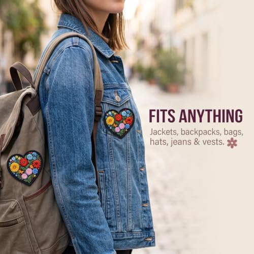 Heart Flower Patches for Clothes 3 inch - Iron On Heart Patches for Backpacks Gift, DIY Applique Accessories, Trucker Hats - Wildflower Applique Embroidery Patch
