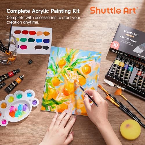 Shuttle Art 46 Pack Acrylic Paint Set, 30 Colors Acrylic Paint with 10 Brushes 3 Canvas 1 Knife Palette Sponge, Complete Painting Set for Kids, Adults, Beginners, Painting Wood, Ceramic