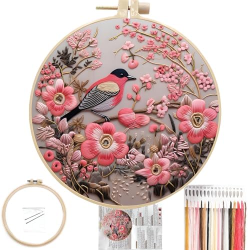 FONNUY Embroidery Kit for Beginners, Hummingbird Flowers Pre-Stamped Pattern Kits for Adults with Hoop, Easy to Follow Color Thread Needlework, 8''Hoop (Pink)