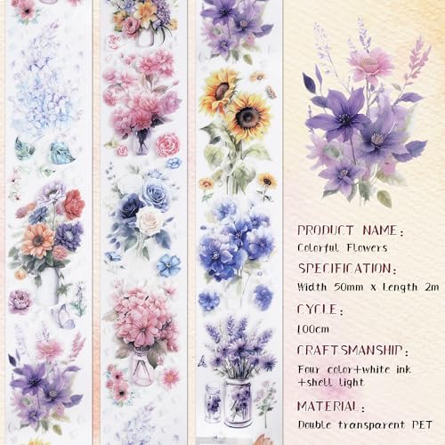 Sitsink Journaling Scrapbook PET Tapes - Floral Scrapbooking Junk Journal Supplies, Flower Decorative Tapes for Art Crafts, Aesthetic Washi Tapes Scrapbooking Supplies, Floral Journaling Tapes