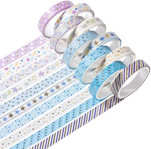 YUBBAEX 10 Rolls Sparkling Washi Tape Set 8mm Skinny Gold Foil Decorative Masking Washi Tapes for Bullet Journal,Scrapbook, Planner, DIY Crafts (Glittering Stars)