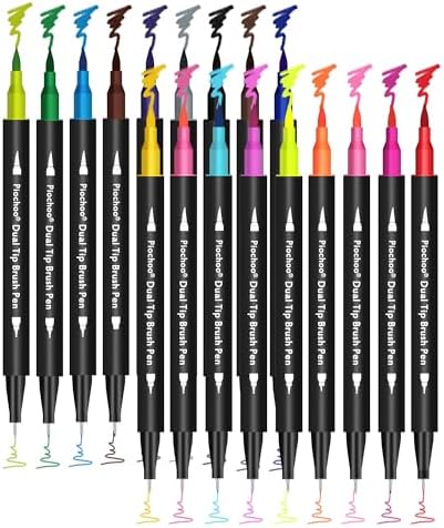 Piochoo 18 Colors Dual Tip Markers, Fine Point & Brush Tip for Adult Coloring Books, No Bleeding, Art Supplies