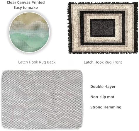 Latch Hook Rug Kit Modern Black and White Geometric Border Pre-Printed Handmade Carpet Crochet Yarn Craft DIY Hook and Latch Door Mat Tapestry for Home Floor Decoration 52x38cm-2