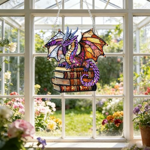 CRZMODE Dragon Cross Diamond Art Hanging Kit for Adults, Book Pendant Diamonds Painting Art Kit, Special Crystal Diamond Art Painting Pendant Ornament, Craft Gift for Women Home Window Decor