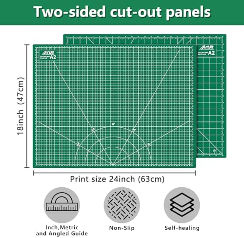ArtAt Self Healing Cutting Mat: 18″x 24″ Green Double Sided, Non-Slip 5 Layers PVC Durable A2 Sewing Craft Mat for Rotary Cutter, Use for Quilting, Scrapbooking and Craft & Art Projects…