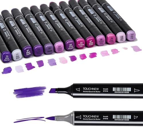 13Pcs Alcohol Markers Pure Color Series,Black Pen Barrel Dual Tip Soft Art Solid Color Markers Set for Adults Beginner Drawing Sketching (Purple)