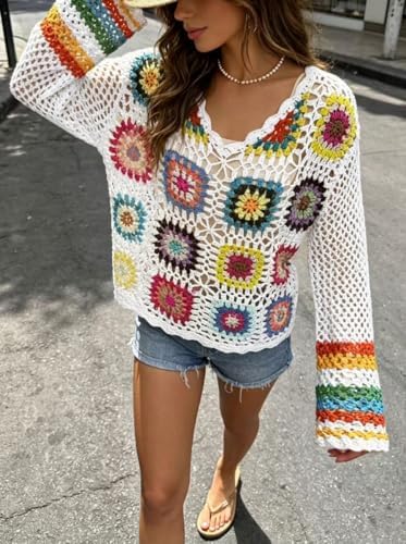 Kinghua Crochet Tops for Women Spring Summer Boho Floral Shirts Coverups