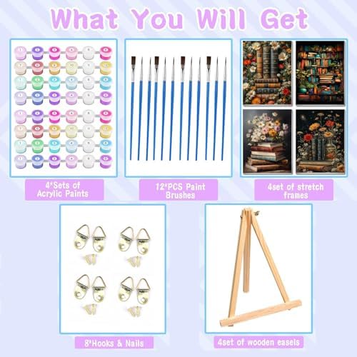 VIGEGU 4 Pack Book Paint by Numbers Kit for Adults with Frame