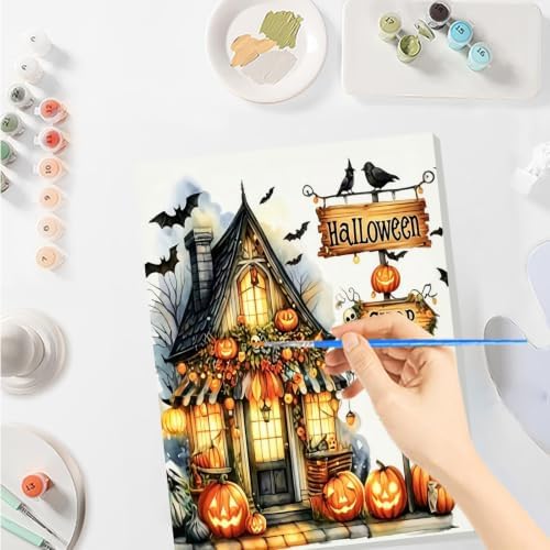 SENQAO Bat Shop Paint by Numbers Kit for Adults Beginner, Halloween Adult Paint by Number Kits on Canvas, DIY Acrylic Oil Easy Painting by Numbers for Home Wall Decor 8X12 inch (Halloween Shop)