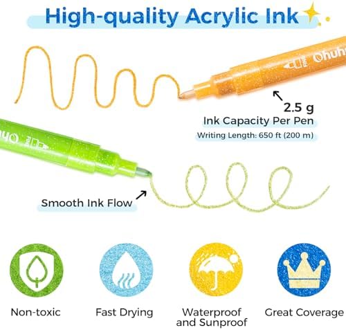 Ohuhu Acrylic Glitter Markers 24 Colors Fine Tip for Painting Coloring
