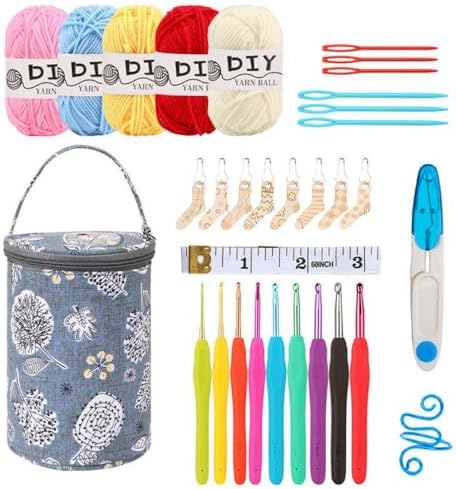 Crochet Kit Set with Portable Travel Bag, 9 Ergonomic Soft Handle Hooks (2.0-6.0mm), 5 Yarn Balls, Stitch Markers, for Beginners (Grey)