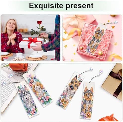 4 Pieces Diamond Art Painting Bookmarks for Adults 5D Floral Rhinestone Bookmarks Animal Dog Art Bookmarks DIY Diamond Painting Bookmarks with Tassels Crafts Supplies