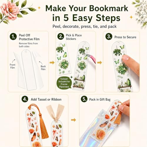 DIY Bookmark Making Kit, 20 Clear Acrylic Bookmark Blanks 5.9 x 2 in with PET Floral Bookmark Stickers, Tassels, Ribbons, Gift Bags, Bookish Gifts for Book Lovers, Book Club Crafts, Readers