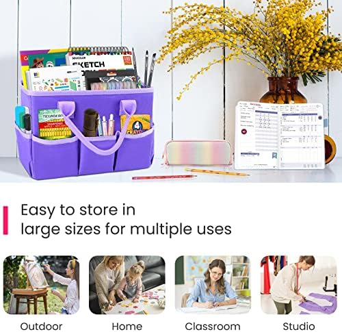 Desktop Tote and Organizer, Teacher Helper caddy Bag for Arts, Books, Stationery, Office Desk Organization, Make-up Storage with Handles for Travel (Purple)