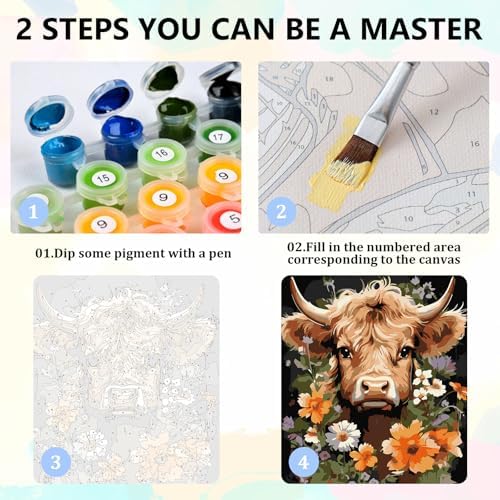 4 Pack Highland Cow Framed Paint by Numbers Kit for Adults, 10x12 inch