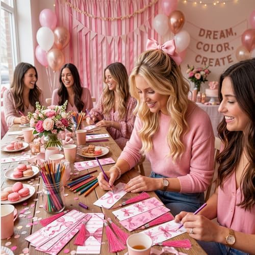 Kosiz 12 Pcs Pink Bow Paint by Number Kit for Adult Wood Bookmark | Mini Paint by Numbers Kit, Painting Decor, Tiny Tassels Blank Bookmarks, for Small DIY Craft Book Lovers Gift 7x2 ''