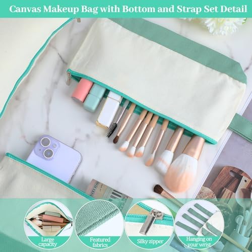 Silkfly 15 Pcs Cotton Canvas Makeup Bags Cosmetic Zipper Bags 10.2 x 5.5 x 2'' Blank DIY Pouch Bulk Pencil Case with Bottom Travel Toiletry Pouch for Women Craft Decor Gift (Beige and Green)
