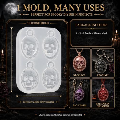 Gothic Vintage Oval Cameo Skull Silicone Resin Mold with Pre-Made Hanging Hole, 4 Cavity Decorative Skull Pendant Epoxy Mold, DIY Jewelry Charm Casting Supplies for Halloween & Christmas Crafts (KL07)