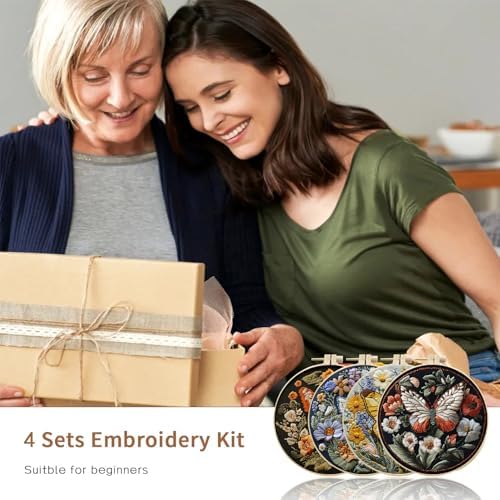 LB 4 Pack Colorful Butterfly Embroidery Kit for Beginners Nature Flower Beginner Embroidery Kit for Adults DIY Starter Kit with Embroidery Hoop Colorful Threads Tools Step by Step Instructions
