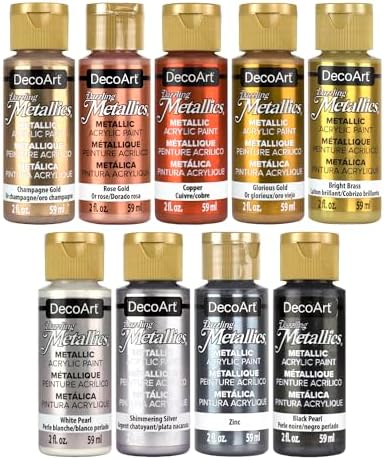 DecoArt Americana Dazzling Metallics Acrylic Paint Set – Starter Set, 9 Bottles (2 fl oz) – Craft Metallic Paints for Canvas, Wood & DIY Projects