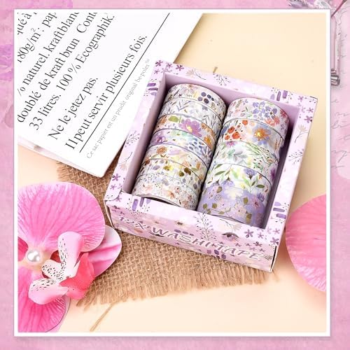 Washi Tape Set, Floral Washi Stickers, 12 Rolls Assorted Sizes, for Junk Journal Scrapbook Tape, Bullet Journaling Scrapbooking Supplies, Planner Sticker DIY Craft DéCor (Purple)