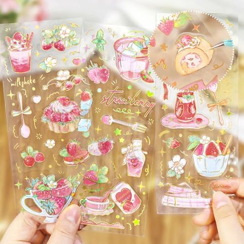 Strawberry Stickers for Journaling,12 Sheets Vintage Pink Berry & Dessert Decorative Stickers, Waterproof Vinyl Stickers for Scrapbook, Planners, Laptop, Water Bottles, DIY Crafts, Kawaii Stickers
