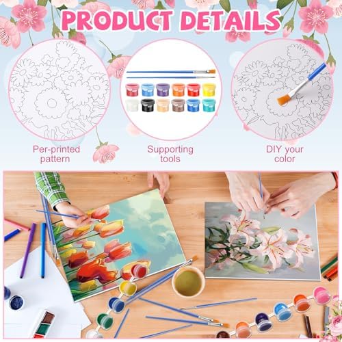 Blosssound 10 Set Pre Printed Canvas Pre Drawn Canvas Painting with Easel Kits 5" x 7" Outline Painting Panels for Beginners, DIY Craft Project, Party Favor, Home Decors(Flower)
