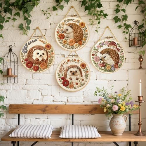 FREEBLOSS 4 Pack Embroidery Kit for Beginners Hedgehog Stamped Embroidery Starter Kit with Instruction Cross Stitch Needlepoint Kits for Crafts Adults with 2 Hoops 20cm/7.9inch