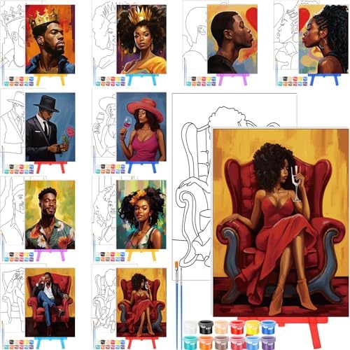Blosssound 10 Set Pre Printed Canvas Pre Drawn Canvas Painting with Easel Kits 5" x 7" Outline Painting Panels for Beginners, DIY Craft Project, Party Favor, Home Decors(Couple)