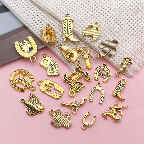80pcs Western Cowboy Themed Charms Set - Zinc Alloy 3D Miniature Cowboy Hat, Horse, Boot Shoe Charms for DIY Jewelry Making, Keychain Crafts Accessory Tools -Durable, Versatile, and Perfect for Creative Projects (Golden)SN822