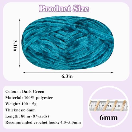 4 PCS 400g Soft Chenille Velvet Yarn for Crocheting,Fluffy Warm Yarn for Knitting and Crochet DIY Craft Blanket Bag Hat Scarve Clothe Gloves Slippers Doll（Dark Green）