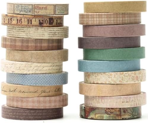 Vintage Washi Tape Set 20 Rolls Skinny Retro Decorative Antique Patterns Masking Tapes for Arts, DIY Crafts, Journals, Planners, Scrapbook, Wrapping (Vintage)