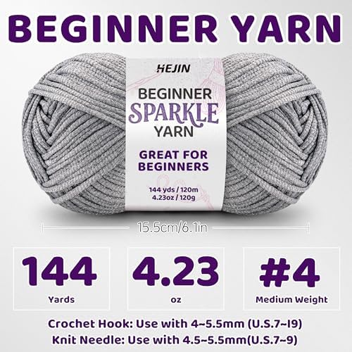 HEJIN 120g Silver Sparkle Yarn for Crocheting and Knitting | 120m(144yds) for Beginners with Easy-to-See Stitches; Worsted-Weight Medium #4; Yarn for Beginners Crochet Kit Making
